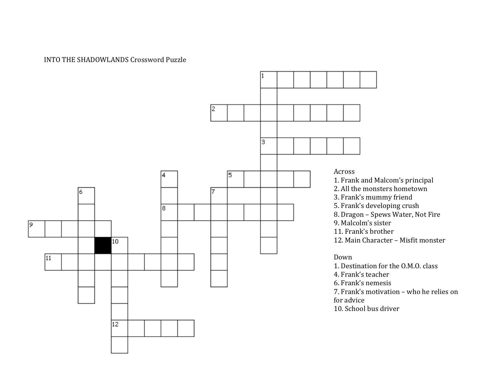 INTO THE SHADOWLANDS: Crossword Puzzle